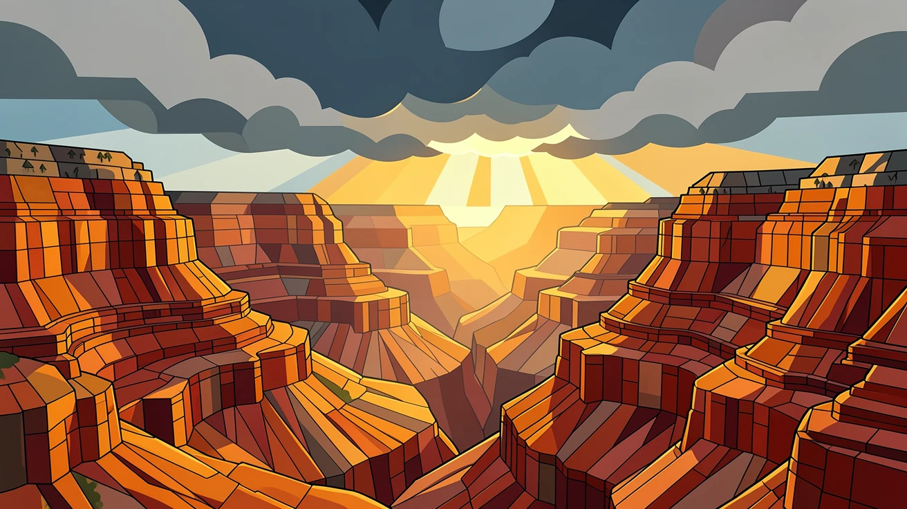 A vast canyon with layered orange and red rock formations at golden hour, framed by distant storm clouds and a break of sunlight.