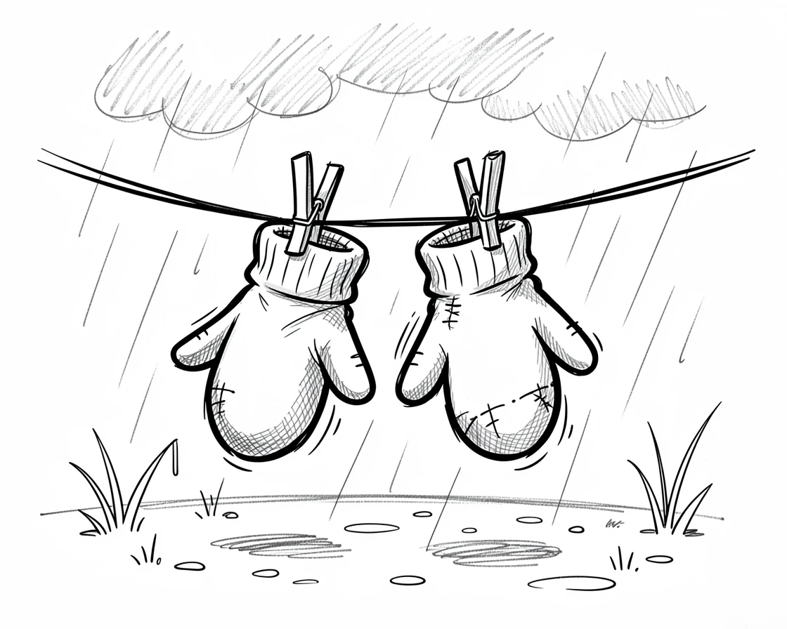 A pair of mittens warming each other on a clothesline in a garden after a rain shower.