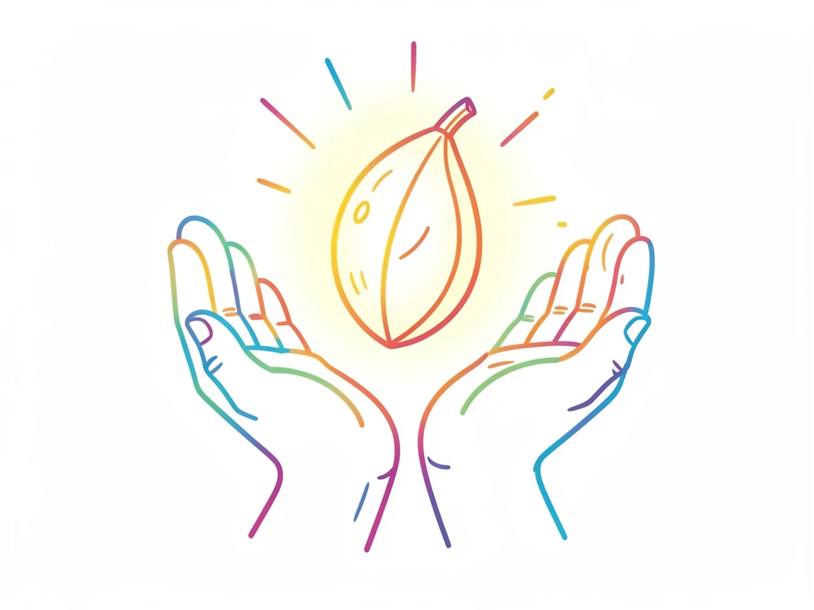 A single glowing seed cradled gently in two open palms.