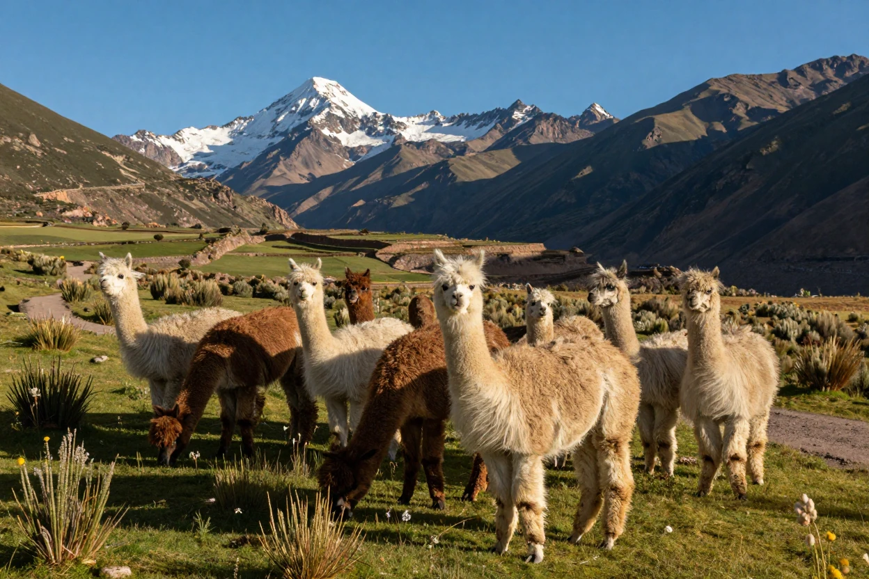 A herd of alpacas grazing in a high Andean valley