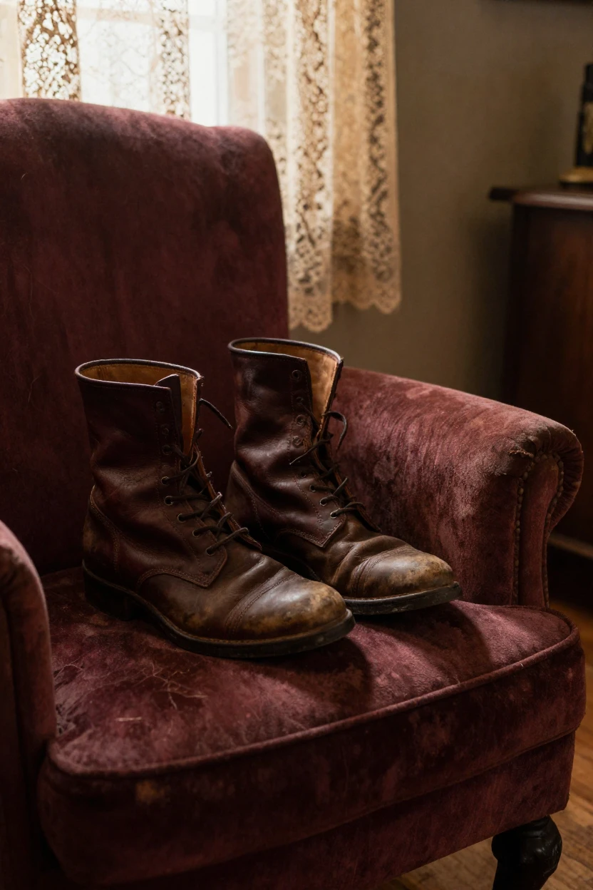 A pair of worn leather boots left beside a well-worn armchair, quietly telling its own small story