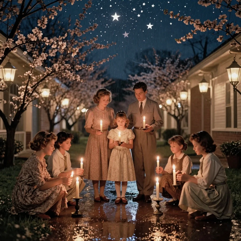 A family lighting candles together for a religious holiday, under a canopy of stars, just after a rain shower, with puddles reflecting the sky, as spring blossoms unfurl, with a soft sepia-tinted glow, framed symmetrically down a long corridor.