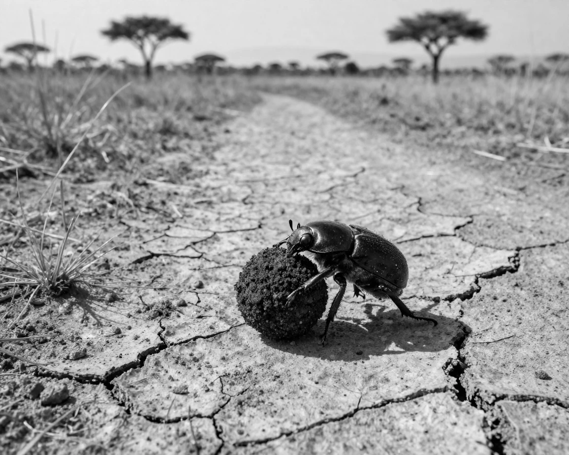 A beetle rolls a ball of dung across dry earth on a sunbaked savanna path.