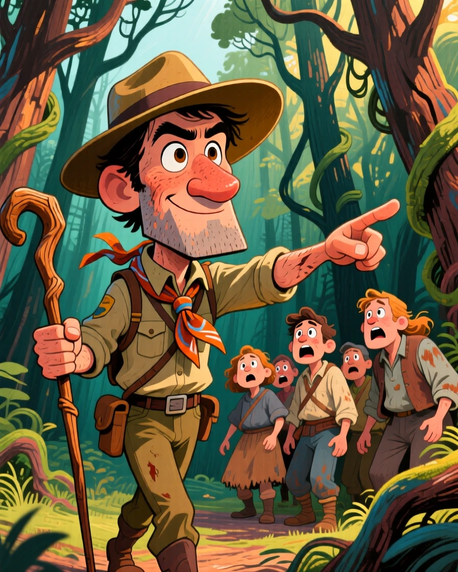 A brave wilderness scout leading a group of settlers safely through uncharted forest.