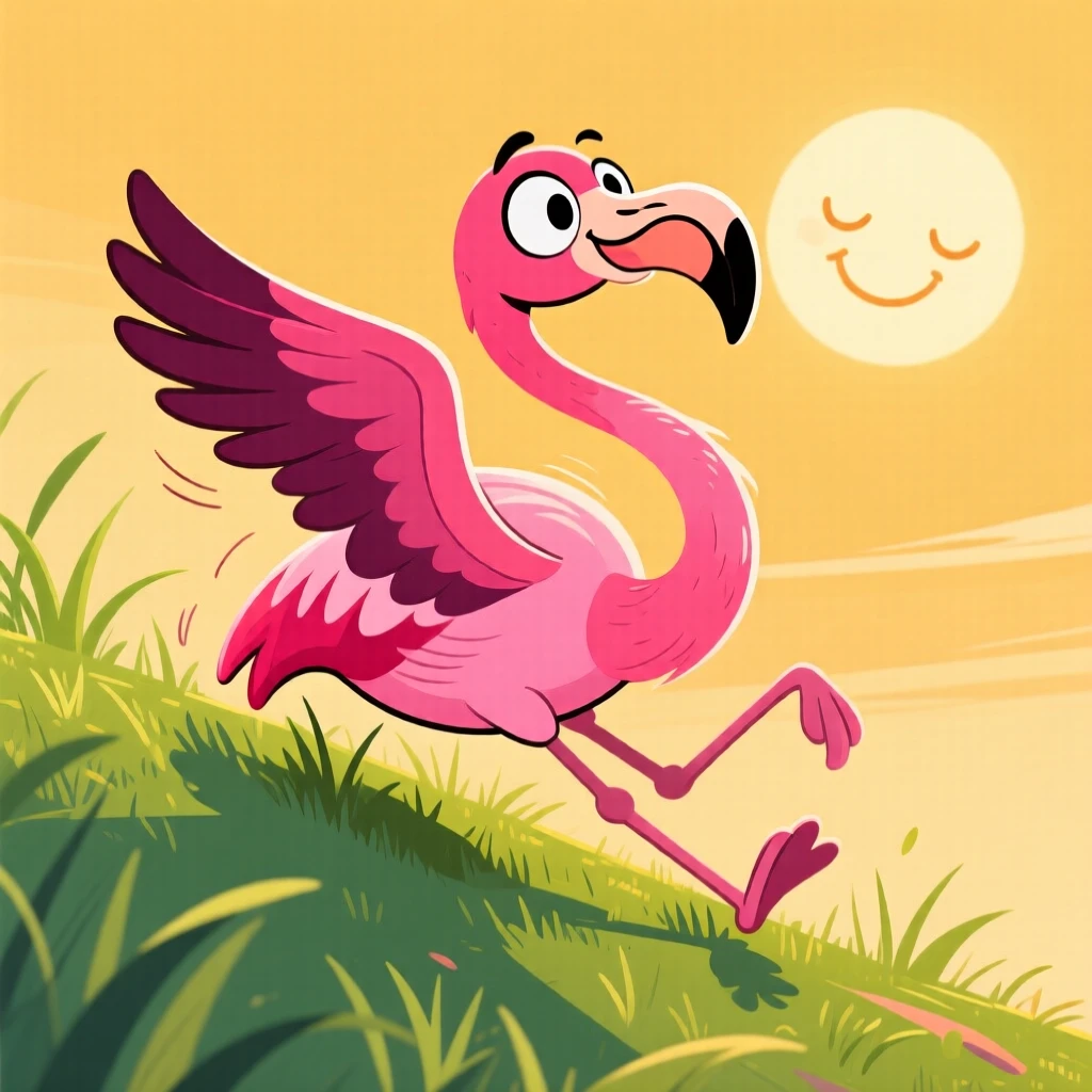A charming animal moment featuring a sassy flamingo tumbling playfully down a grassy hill, under a warm golden afternoon sun.