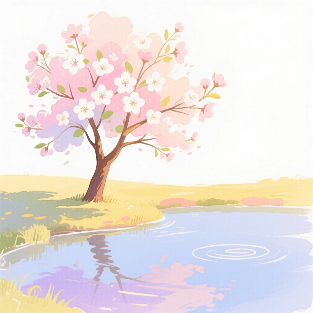 A serene landscape of a cherry blossom tree in full bloom beside a quiet pond bathed in warm afternoon sun