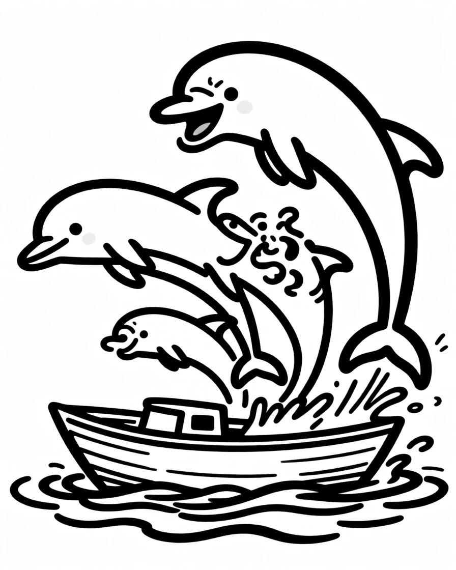 A group of dolphins swimming alongside a small boat, leaping playfully in its wake.