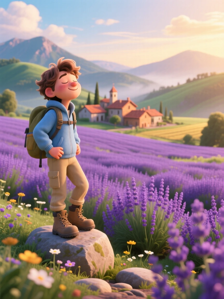 A solo hiker pausing to rest stands beside a field of lavender stretching to the horizon, pausing to breathe in the fresh mountain air. A quiet excitement for discovery lingers in the air, with terracotta rooftops stretching into the distance.