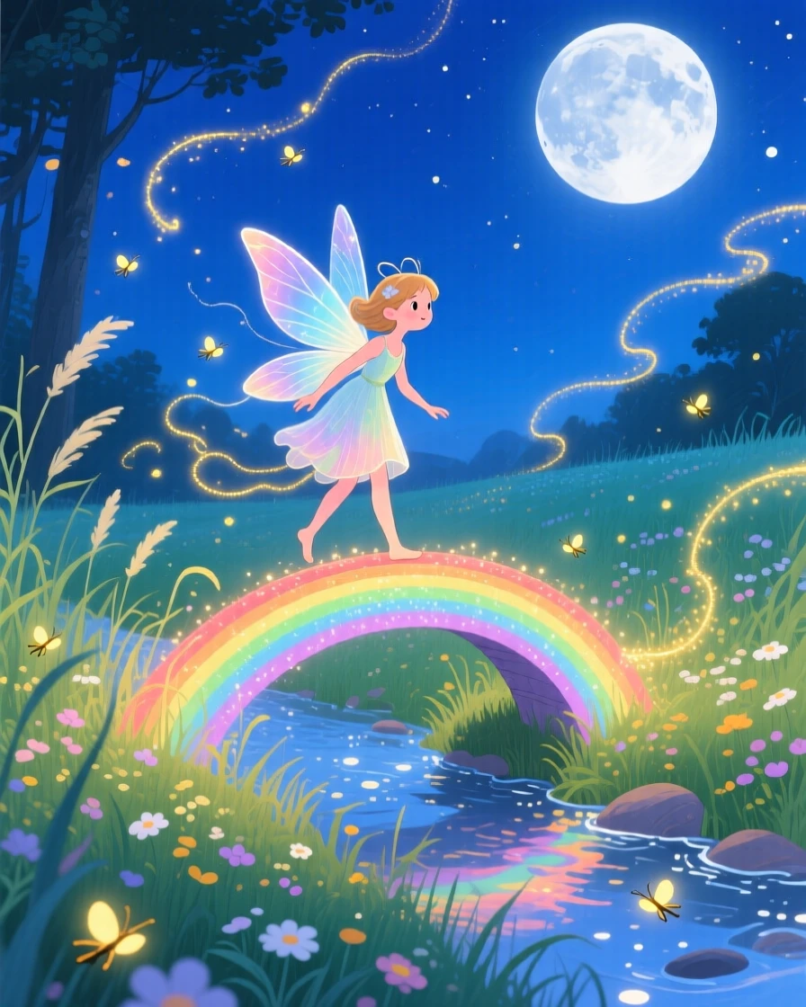 In a moonlit meadow, a gentle forest fairy discovers a moment of wonder while crossing a bridge made of rainbow light, with fireflies weaving glowing trails.