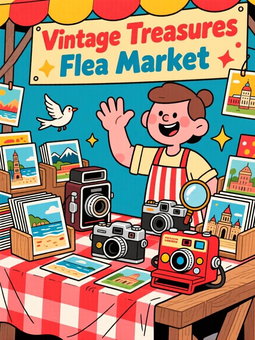 A flea market stall with vintage postcards and old cameras.