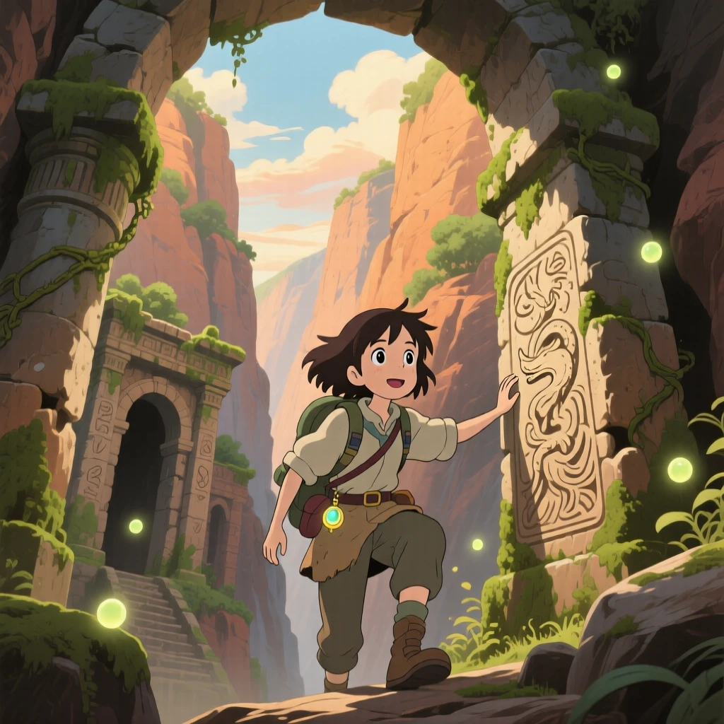 An adventurer descending into a canyon filled with ancient ruins, the moment quietly triumphant.
