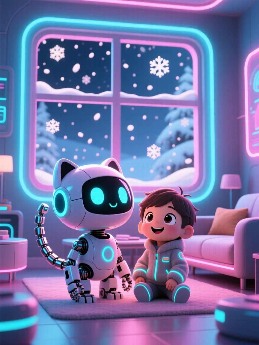 Framed through a window of a friendly robot pet, wagging a mechanical tail beside a child, in a cozy futuristic living room, amid softly falling snow, illuminated by neon-lit glow, radiating brave confidence.