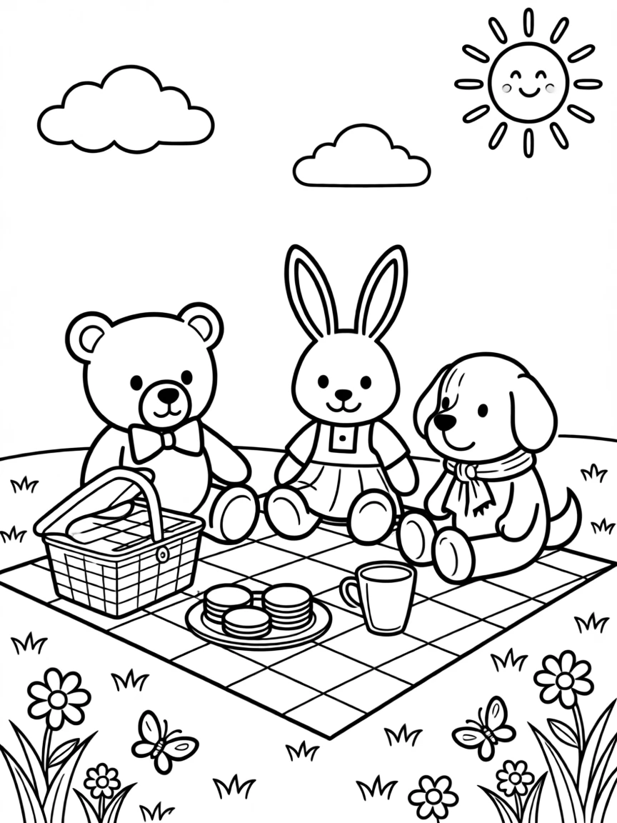 A stuffed animal picnic set up on a blanket in the yard