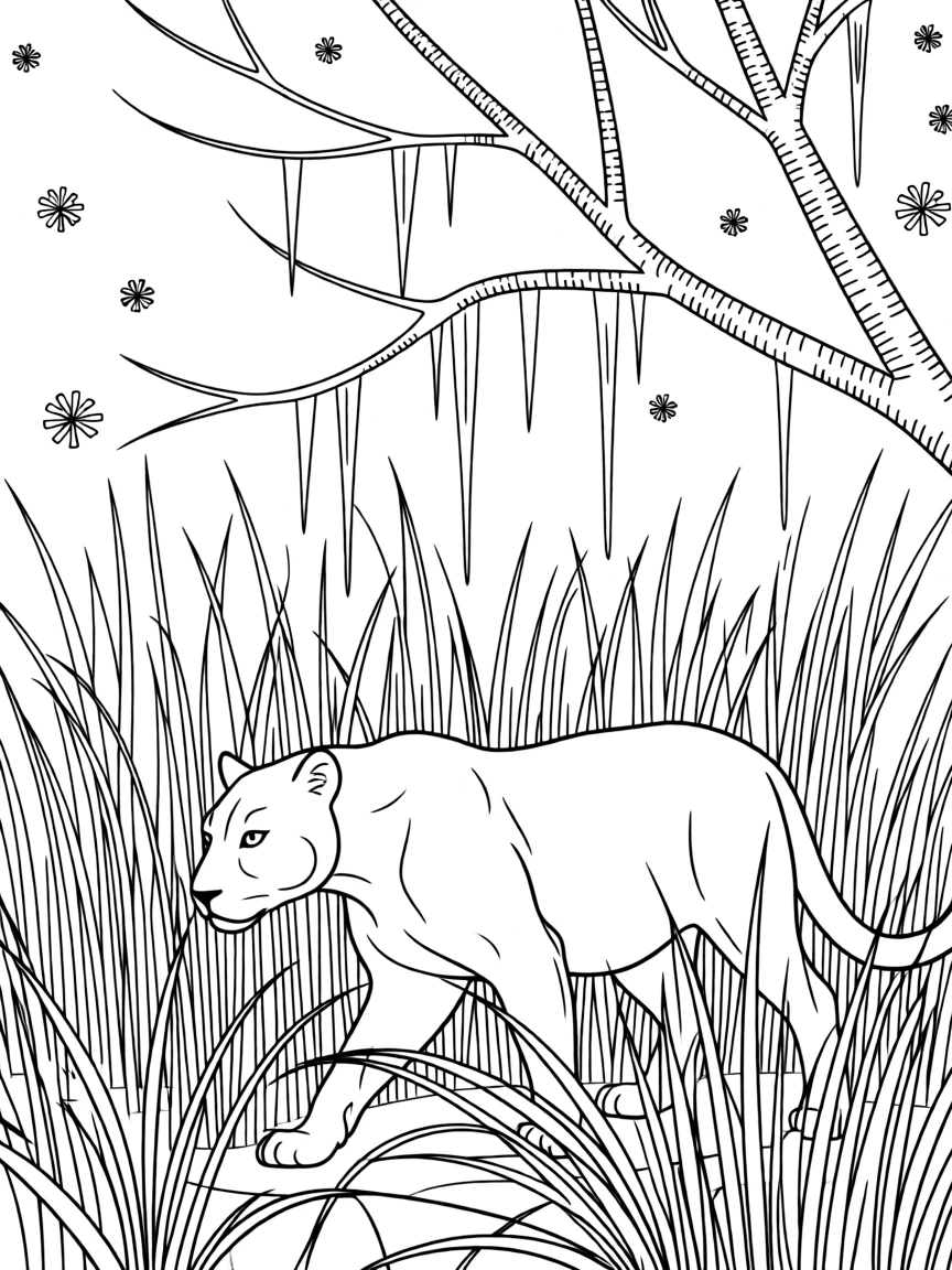 A black panther stalking prey through tall reeds, with icicles hanging from nearby branches.