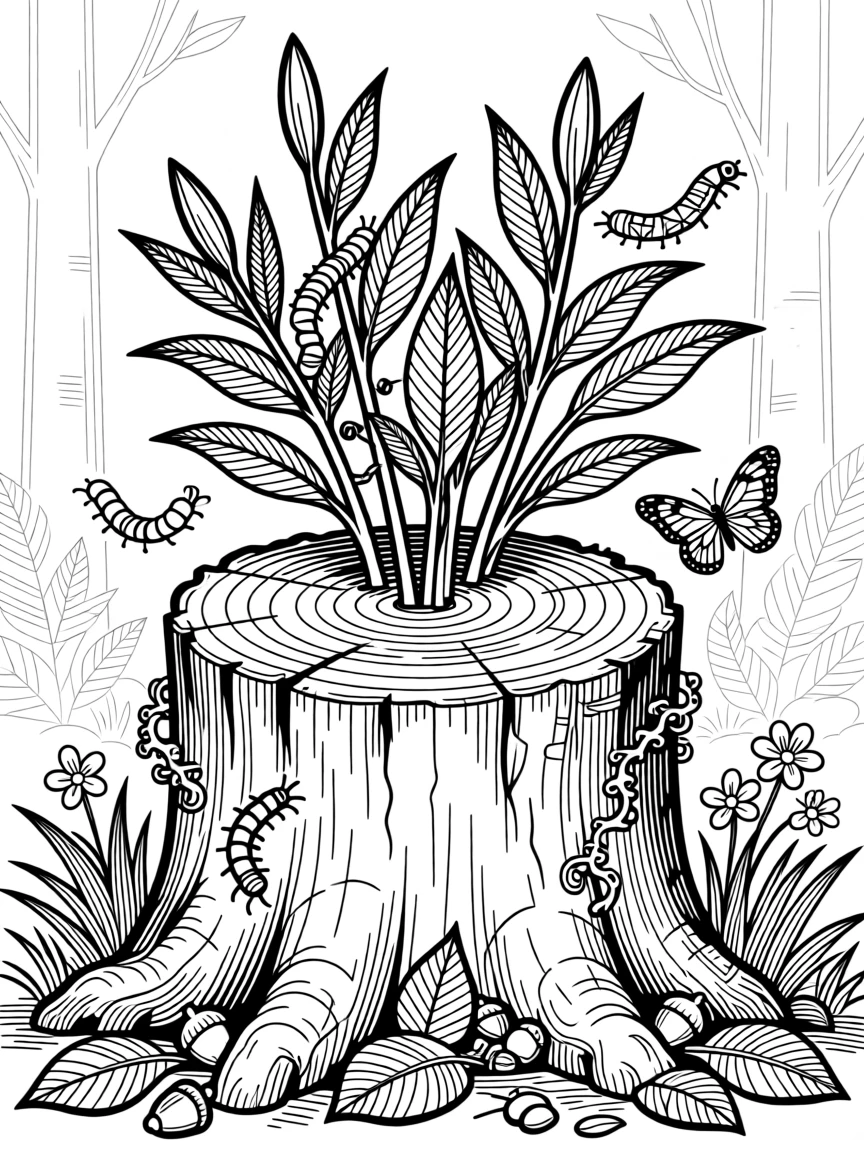A tree stump sprouting new green shoots from its weathered rings.