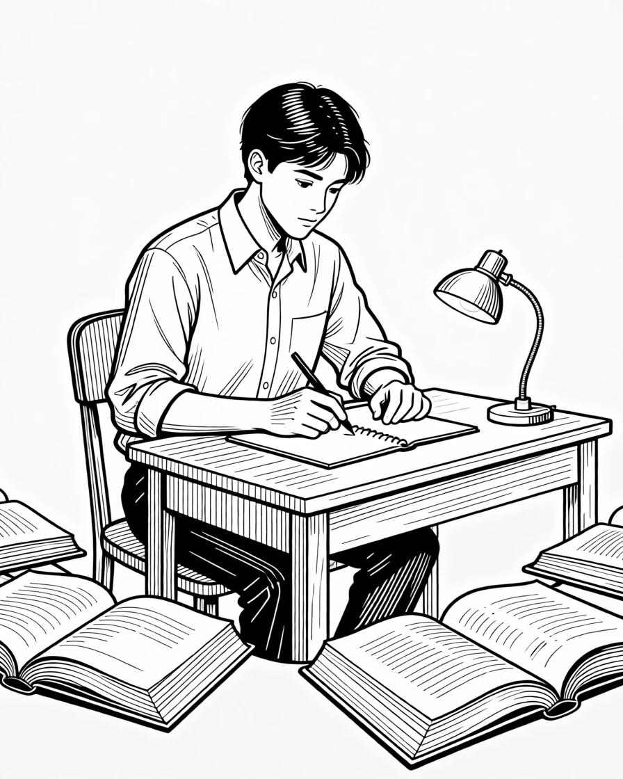 A student studying at a desk surrounded by open books