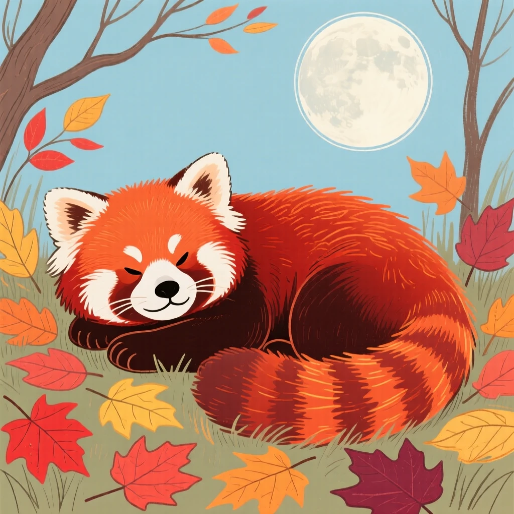 A red panda resting among autumn leaves under a full moon.