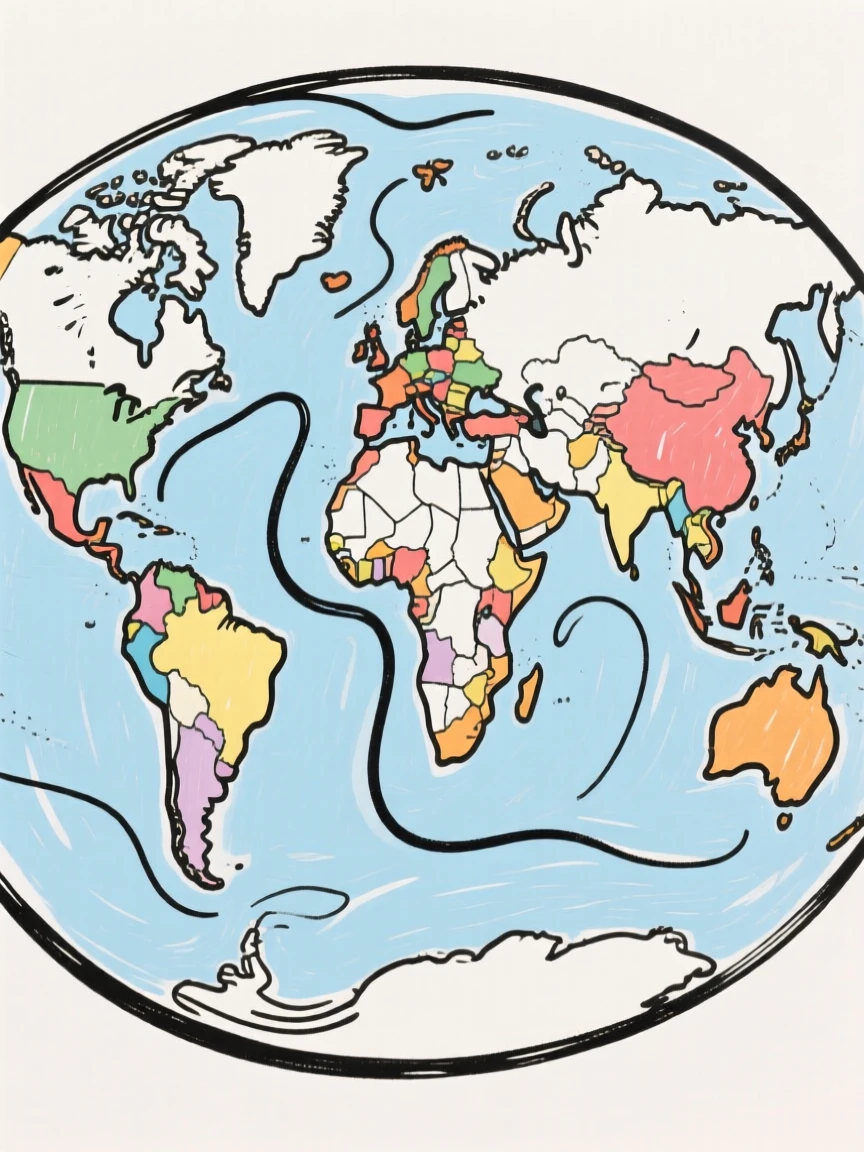 A colorful map illustrating the continents and oceans of the world.
