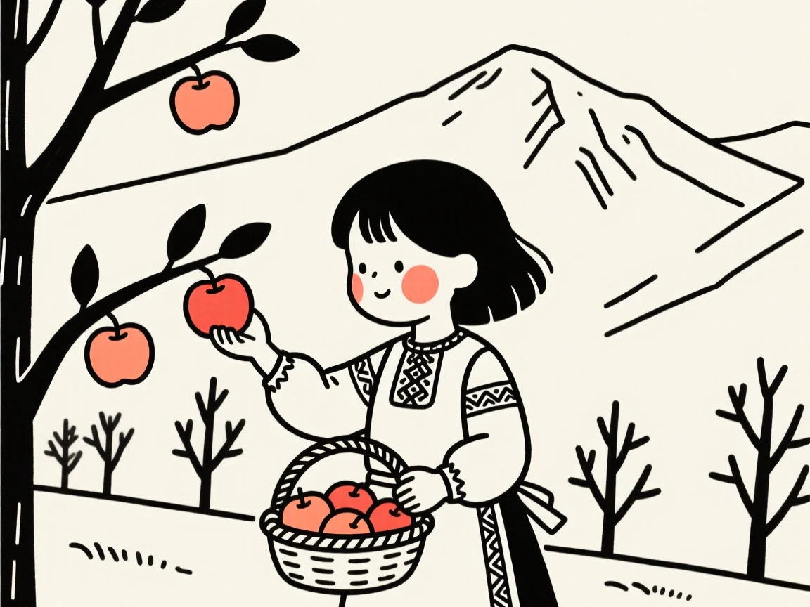 A young girl of Norwegian heritage picking apples in an orchard, on a mountaintop overlook.