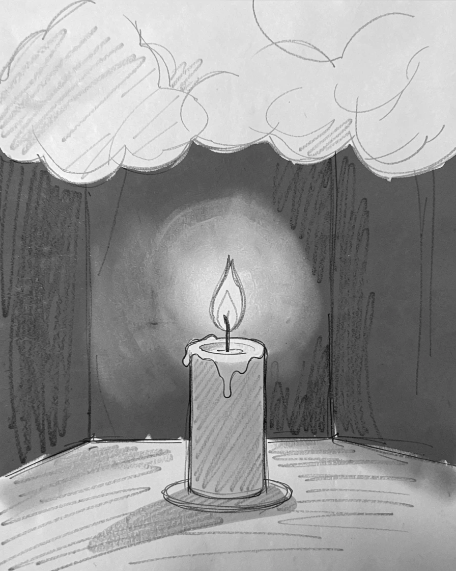 A peaceful moment of a single candle glowing in a dark, quiet room under a canopy of soft clouds, capturing a moment of pure stillness.
