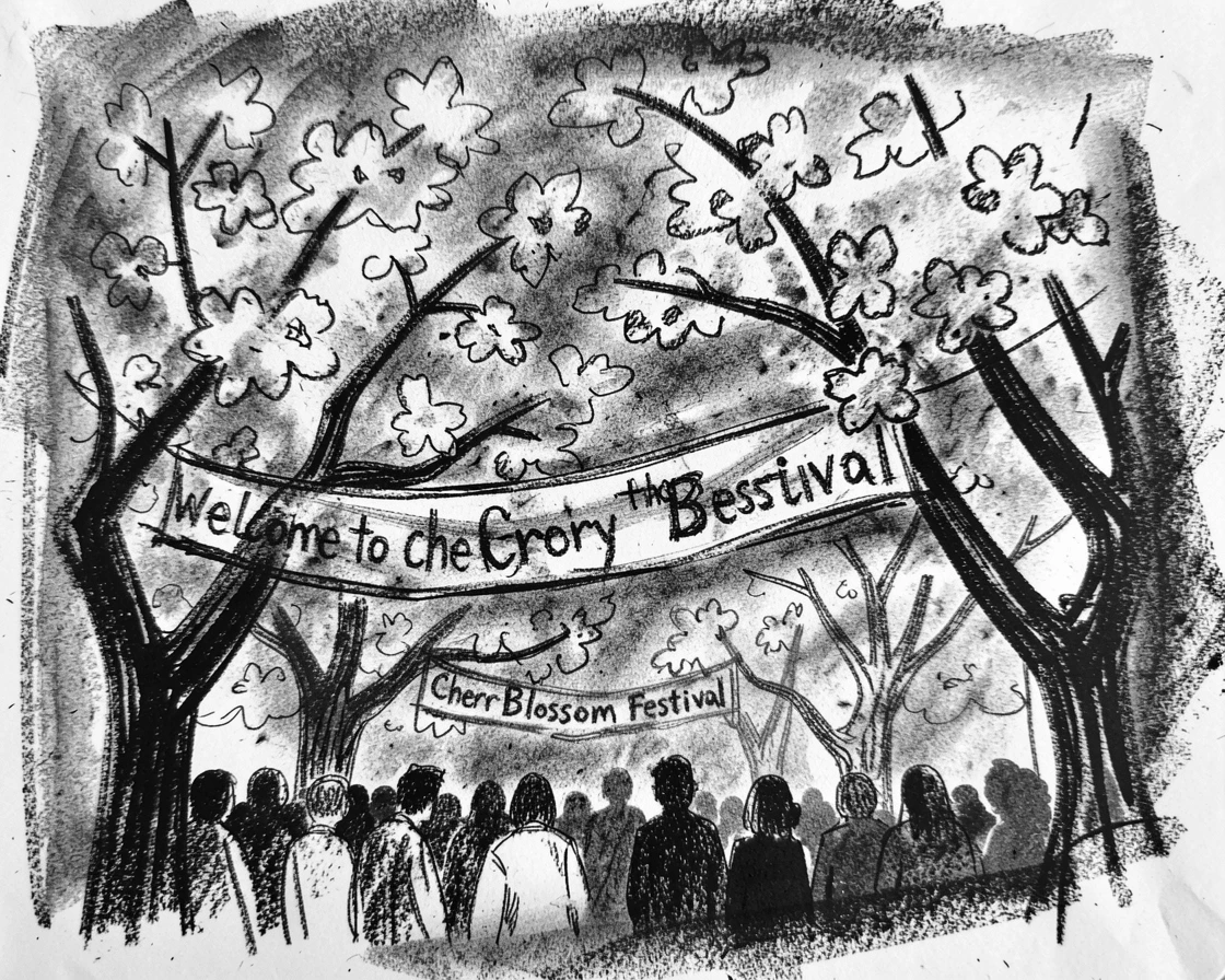 A springtime cherry blossom festival in full bloom, beneath blossoming trees in full bloom.