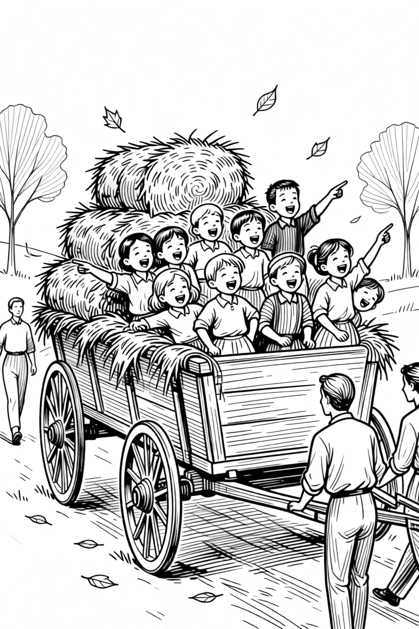 A festive autumn hayride celebration with a wagon full of laughing children.