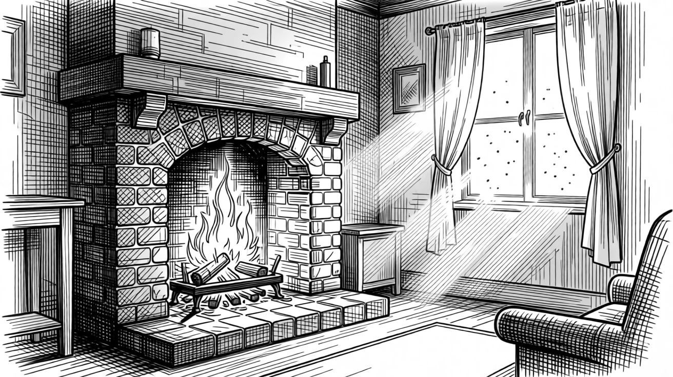 A fireplace crackling in a quiet cottage room as morning light filters through gauzy curtains, with dust motes drifting gently in the light, evoking a simply content sense of calm.