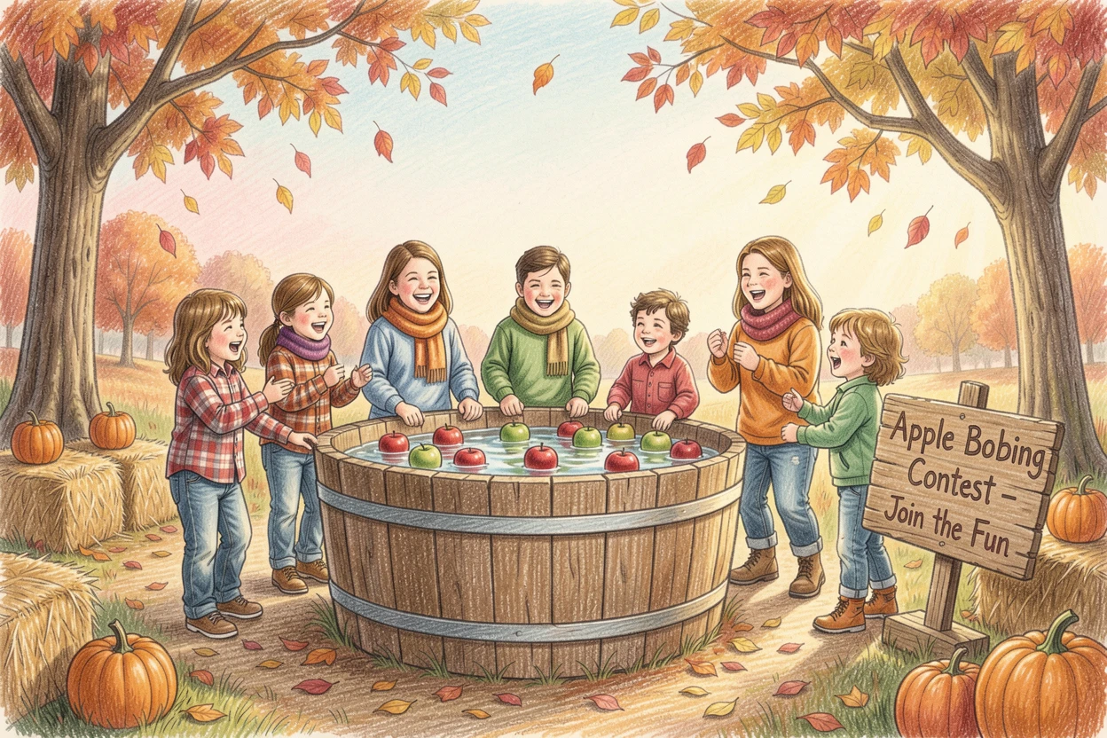 A rustic countryside apple bobbing game at a fall festival, set against a softly lit, atmospheric backdrop, radiating comfort, joy, and quiet beauty.