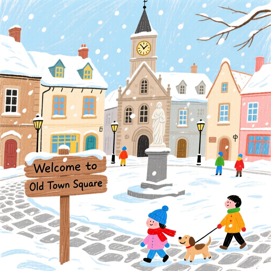 A view of a historic town square blanketed in a light dusting of fresh snow.