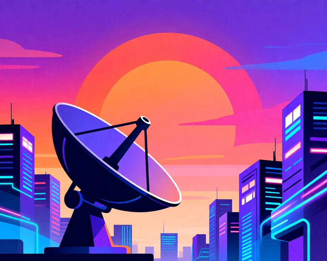 A small satellite dish pointed toward a colorful sunset sky, surrounded by a glowing futuristic cityscape, composed with clean lines and a modern minimalist balance, with a subtle sense of wonder about future possibilities.