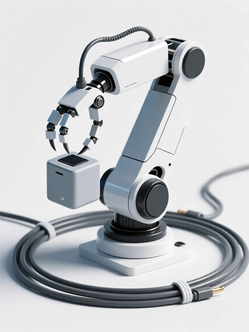 A sleek robotic arm assembling a product placed in a high-tech laboratory, surrounded by neatly bundled cables, conveying futuristic optimism.