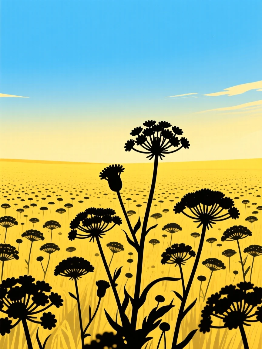 A wide field of Queen Anne's lace swaying beneath a summer sky.