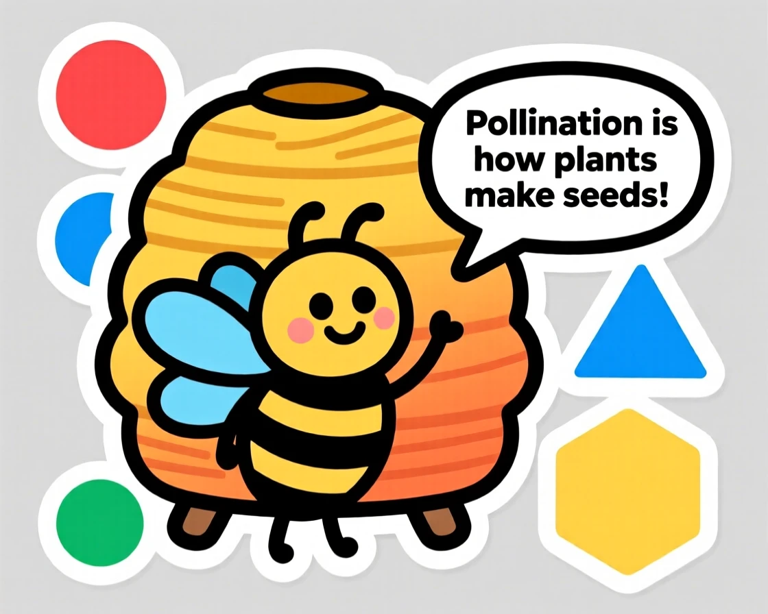 A simple and colorful cartoon beehive with a bee explaining pollination, surrounded by simple colorful shapes, made for curious young minds.