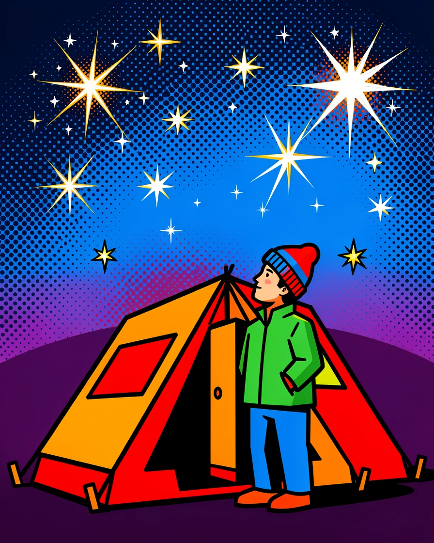 A camper gazing up at a sky full of stars from a tent door