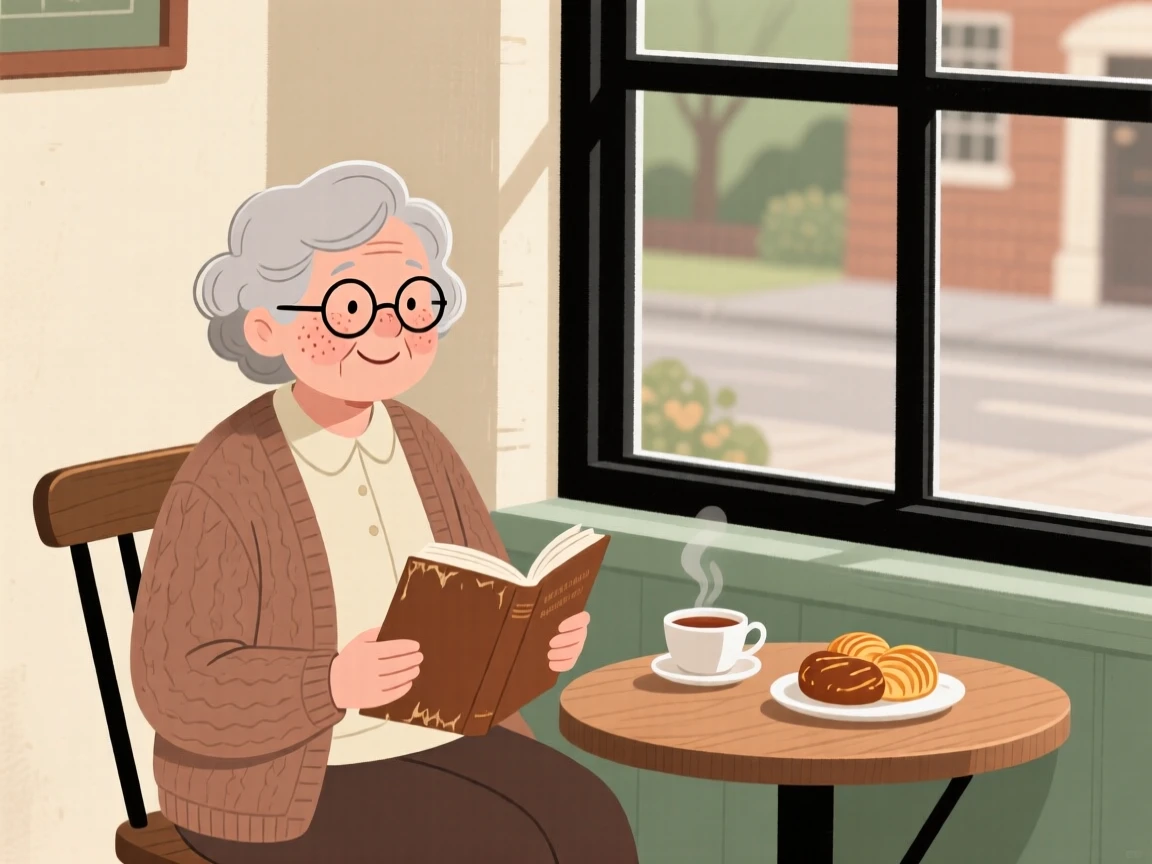 A elderly woman sits by the window of a small tea house, reading a worn novel as the smell of warm pastries fills the air.