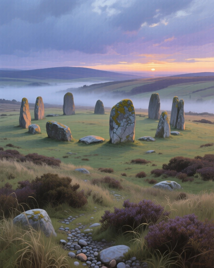 A panoramic view of an ancient stone circle standing silent on a windswept moor, at dusk, in a light morning mist.