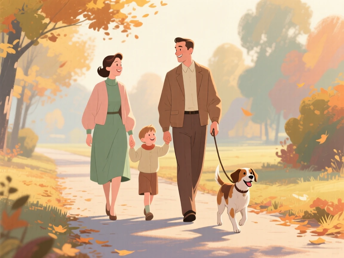 A family walking their dog along a quiet autumn path