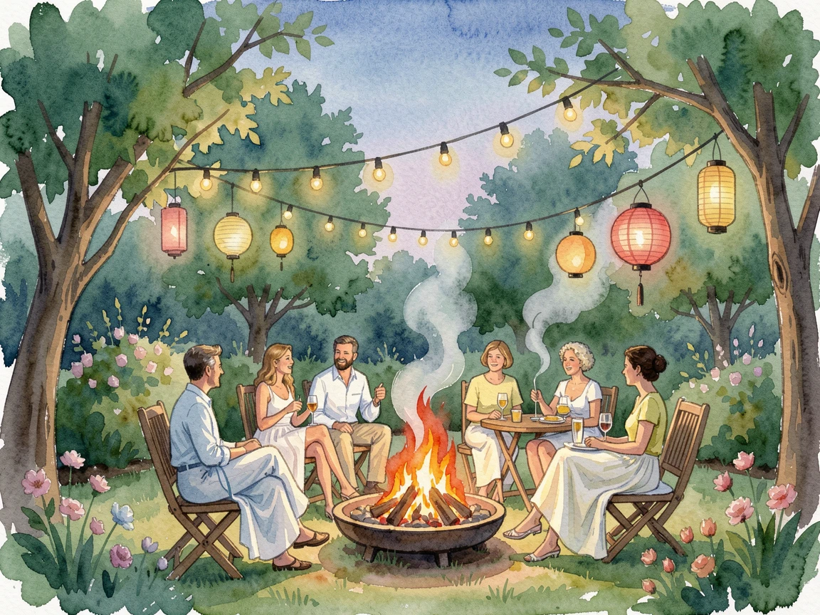 A summer garden party with string lights and lanterns with a crackling fire nearby.