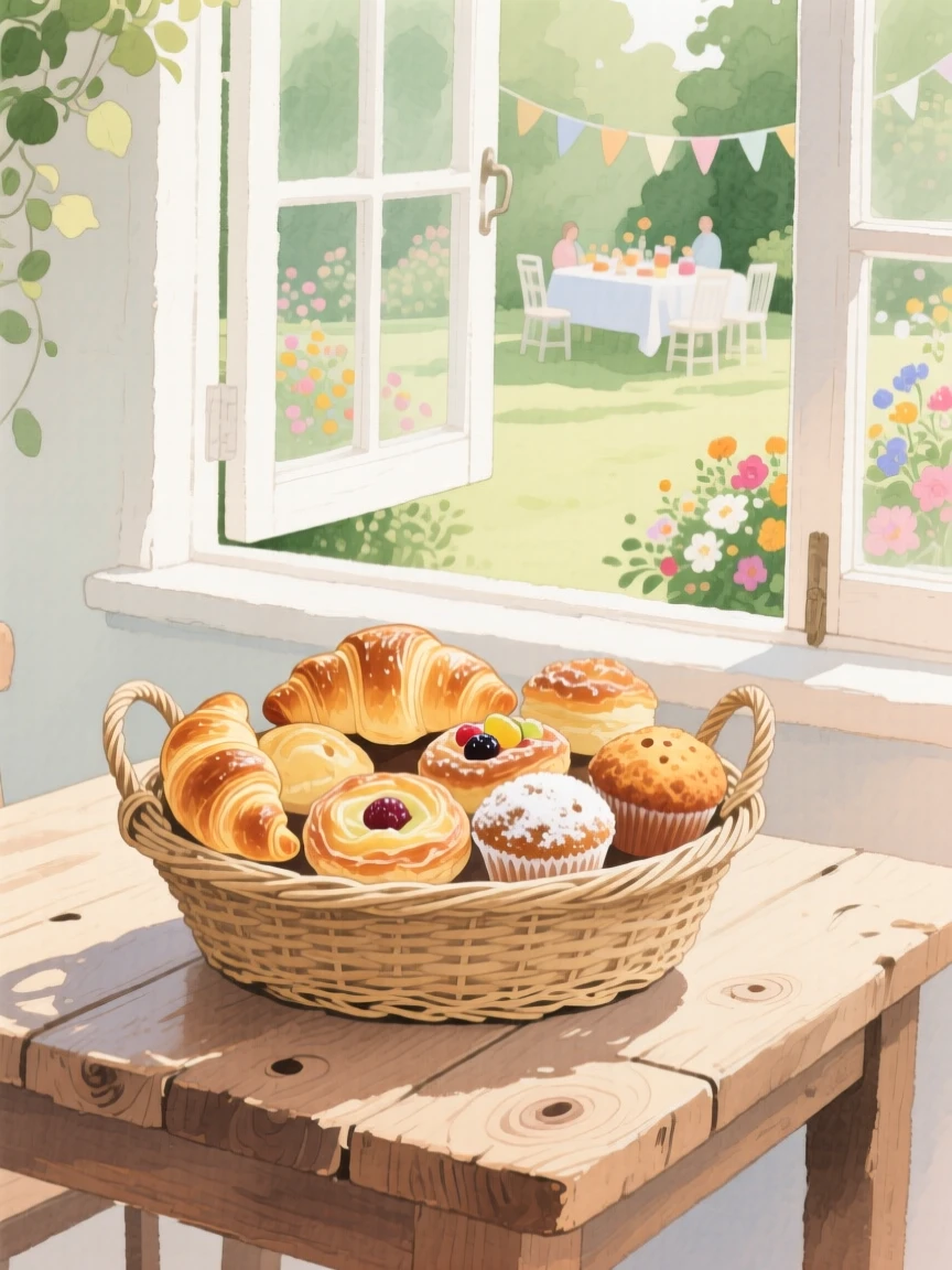 A basket of pastries sits on a rustic wooden table by a window at an outdoor garden party, arranged beautifully for a delightful meal
