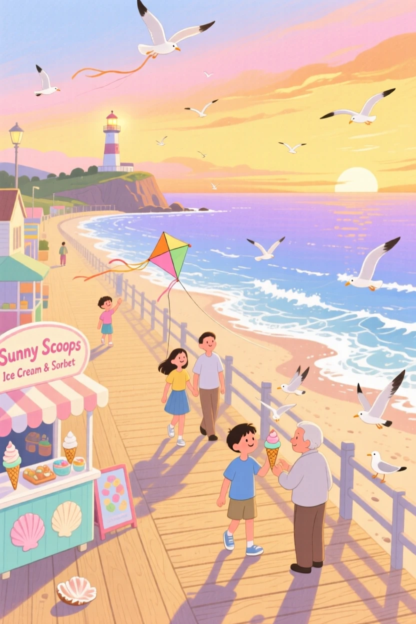 A panoramic scene of a coastal boardwalk at sunset in the height of summer.
