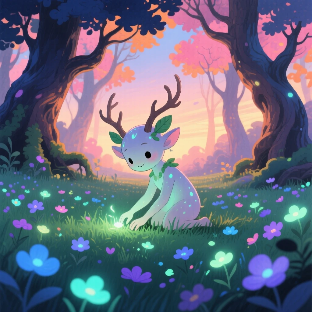 A friendly forest spirit grazing peacefully in a meadow of glowing flowers, in an enchanted forest at twilight, filled with a sense of peaceful mysticism.