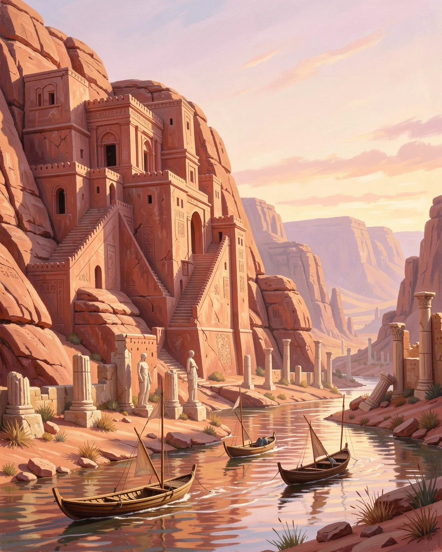 A vast desert citadel carved into rose-colored cliffs, overlooking a vast valley dotted with ancient ruins, boats gliding slowly along the water, at golden hour, warm light bathing every surface.