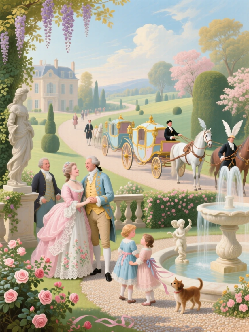 A family reunion in a country estate garden, with carriages arriving in the distance  