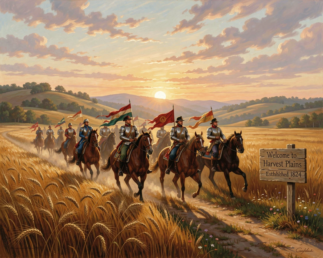 A cavalry unit rides across a golden field at harvest time as the sun rises over the hills.