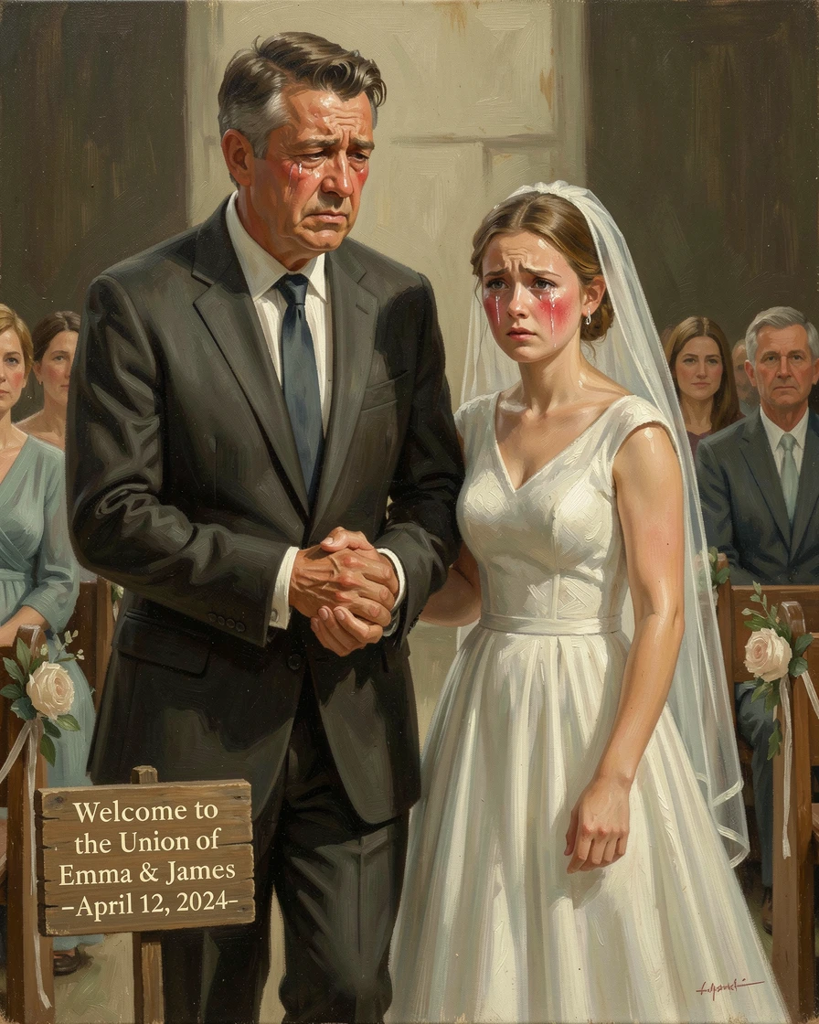 A father walking his daughter down the aisle, both fighting back tears, with hands clasped tightly, conveying connection and support, designed to inspire and uplift anyone who views it