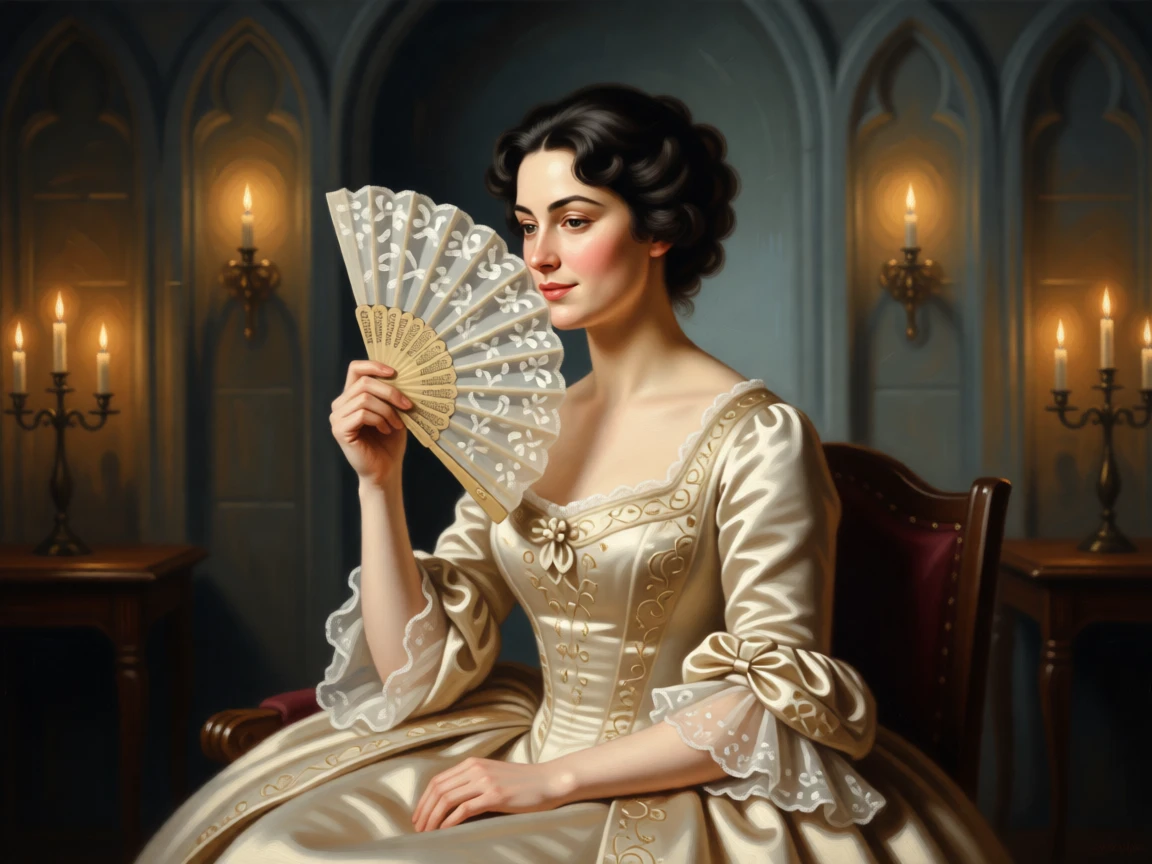 A society lady fanning herself at an elegant garden party caught between one breath and the next, set in a candlelit chapel side room, with a faint, knowing smile just touching the corner of the mouth; warm and cool tones contrast to separate figure from background, conveying quiet dignity and inner life.