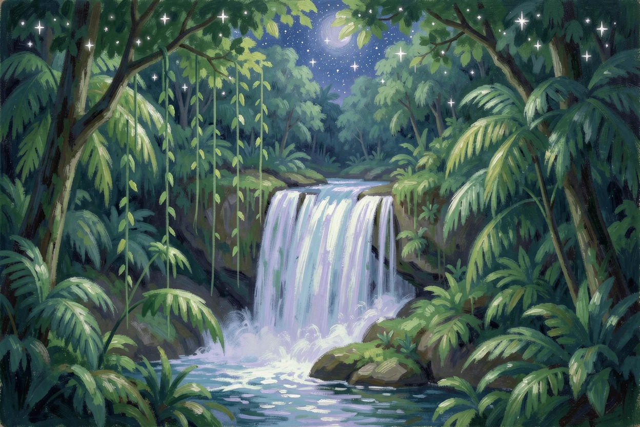 A hidden waterfall behind a curtain of hanging vines deep within a tropical rainforest, under a canopy of stars.