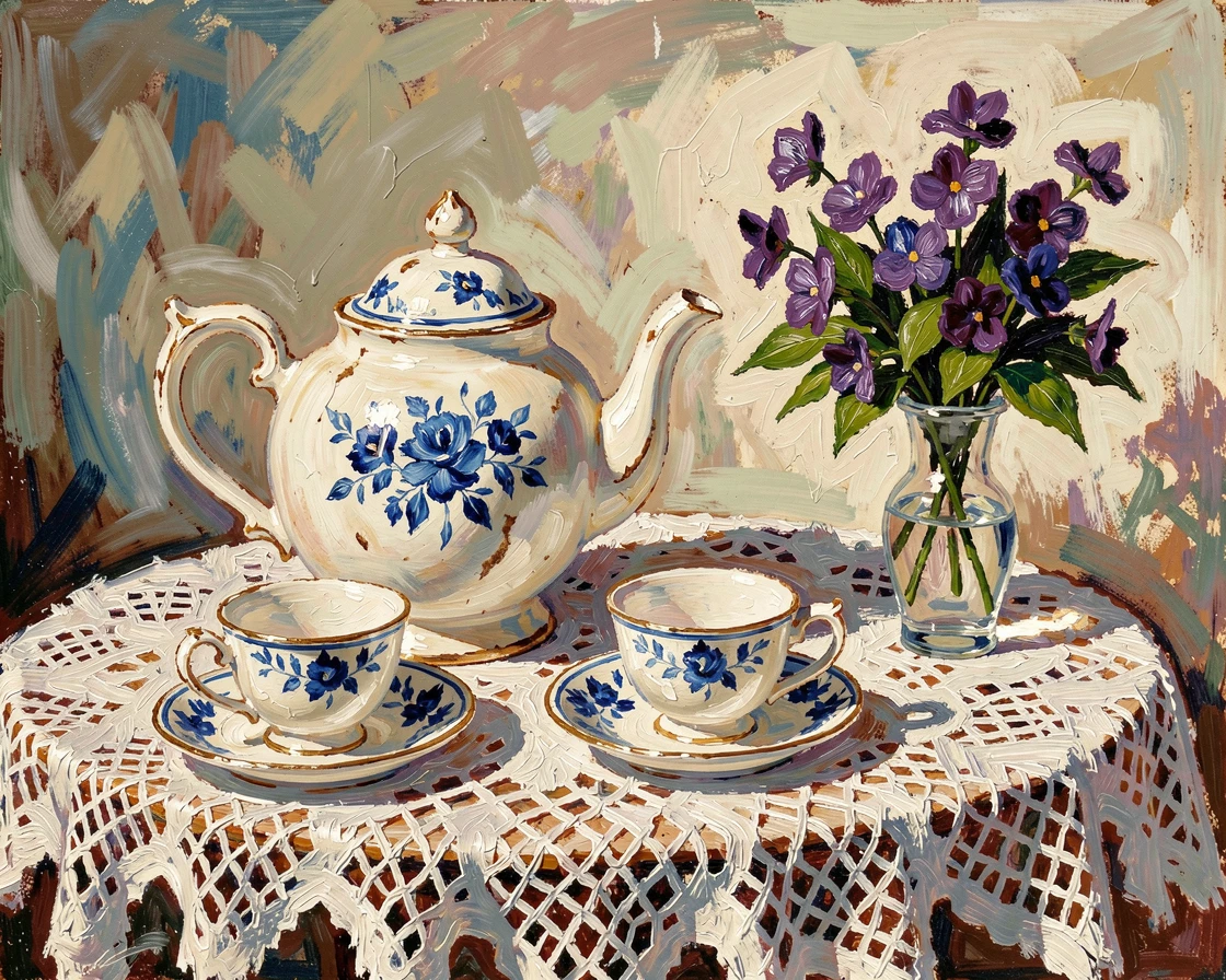 A vintage teapot and cups set on a lace tablecloth beside a small vase of violets.