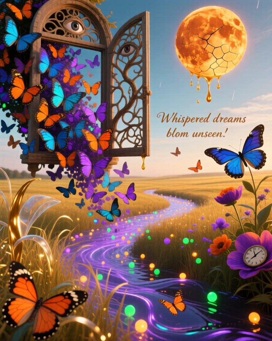 A swarm of butterflies pouring like a river from an open window wanders calmly through a field bathed in golden light, while tiny lights trail gently in its wake.