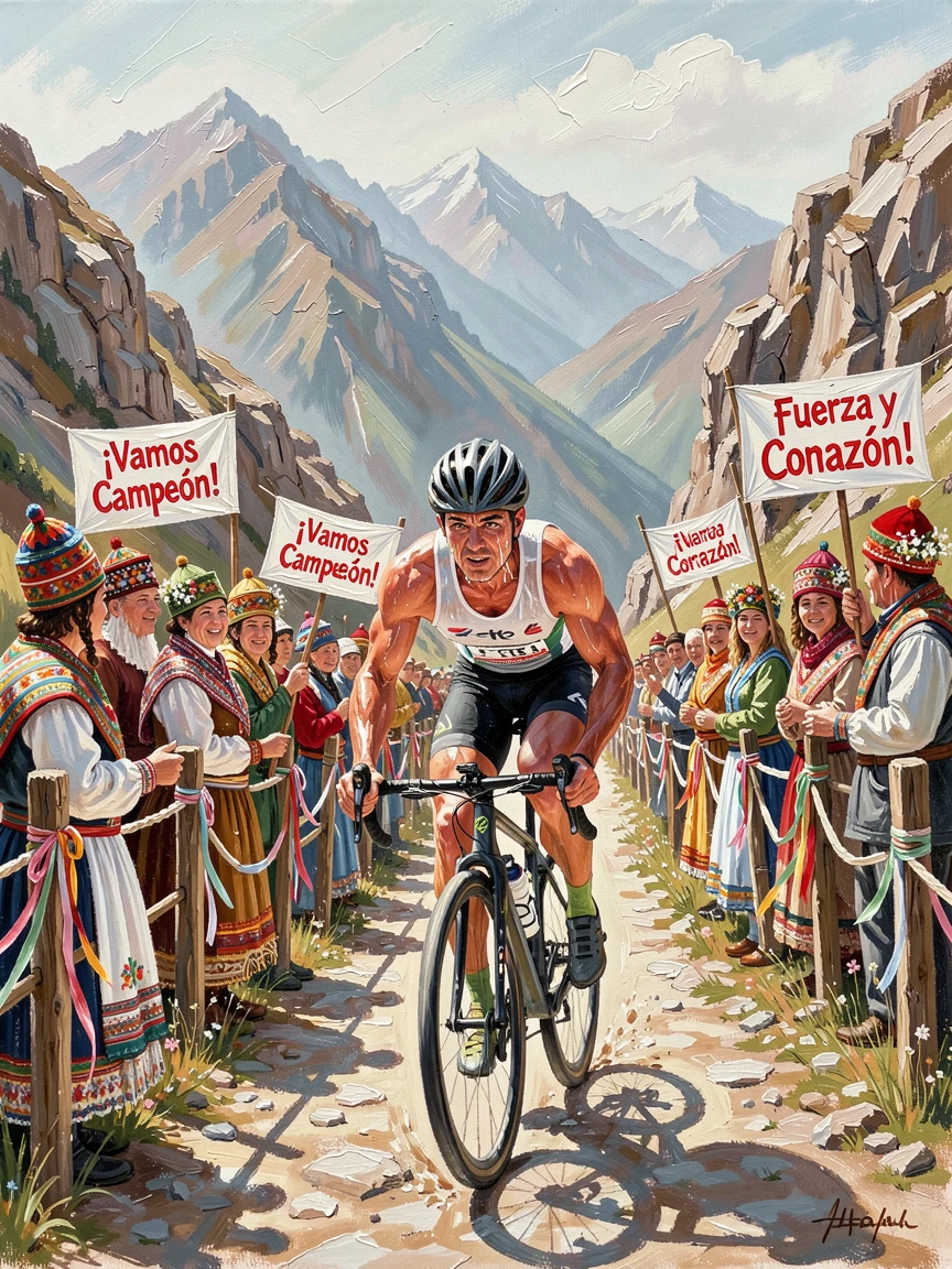 A marathon cyclist pushes through a mountain stage of a professional race, sweat and determination visible as fans line the roadside, small traditional details in costume and decoration rewarding a closer look.